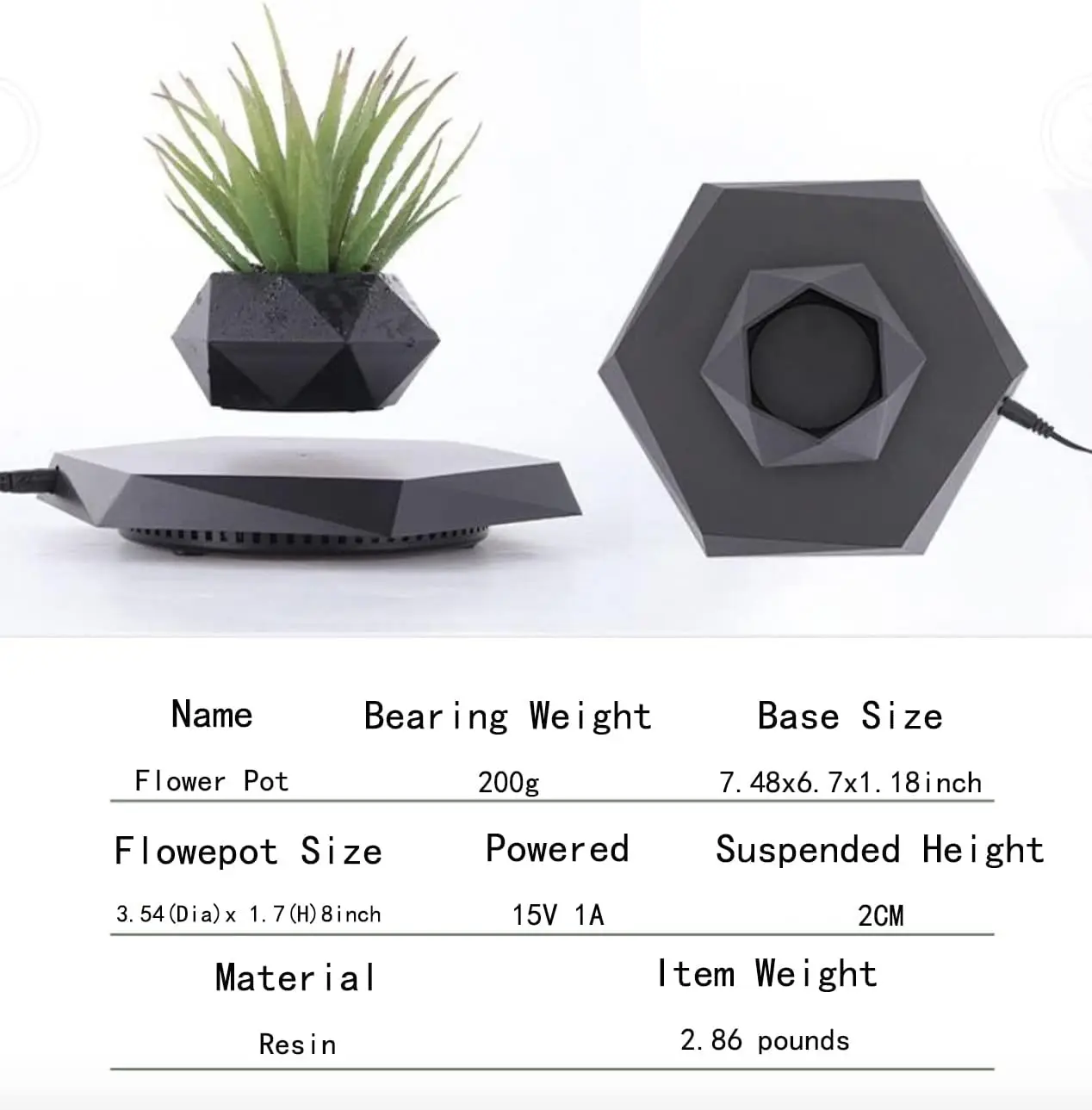 GUIYING Black Hexagon Air Bonsai Floating Plant Pot 360 Degree Rotation Magnetic Levitating Flower Pot Home Office Desk Decor