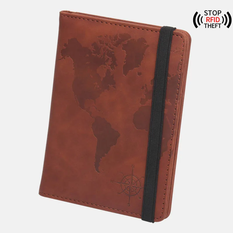 World map ticket holder with antimagnetic RFID multi-card slot leather compass passport book elastic band passport holder