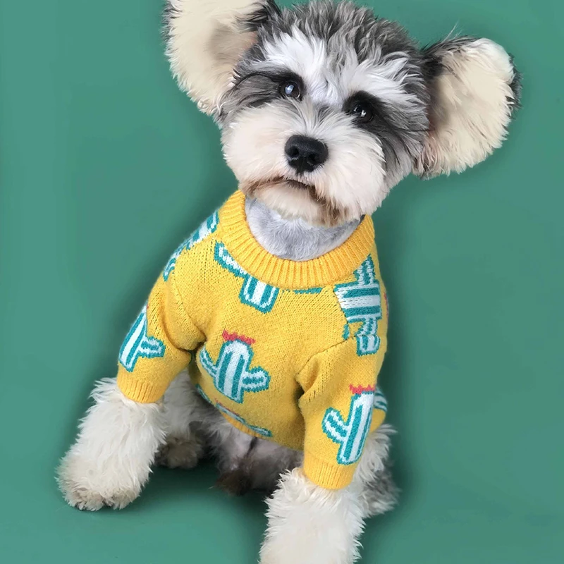 
Thicken Dog Sweater Warm Pet Outfit Winter Cactus Schnauzer Teddy Pug Bulldog Puppy Printed Knit Sweater 