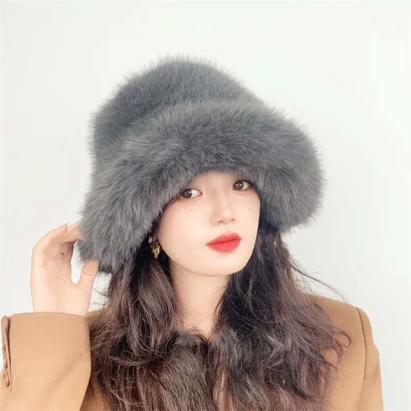 Hot Sale Outdoor Ladies Girl Furry Fluffy Designer fox cap faux fur bucket winter hat for women