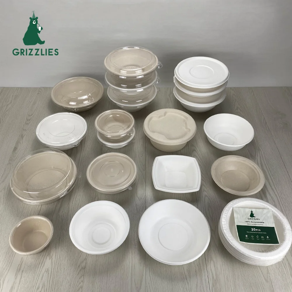 Customized Eco Friendly Bamboo Paper Bowl Natural Disposable Catering Bagasse Soup Salad Bowl with Lid