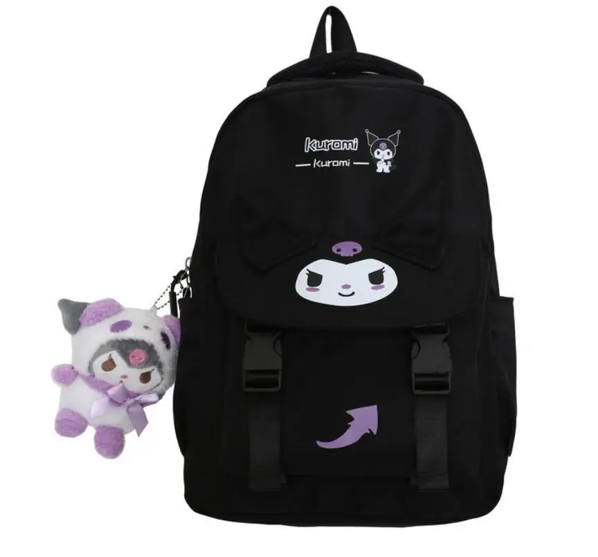 YWMX Cartoon Kuromi Cinnamoroll Student School Bag  Kawaii Girl Melody Nylon Big Capacity Zipper Student Backpack With Plush Toy