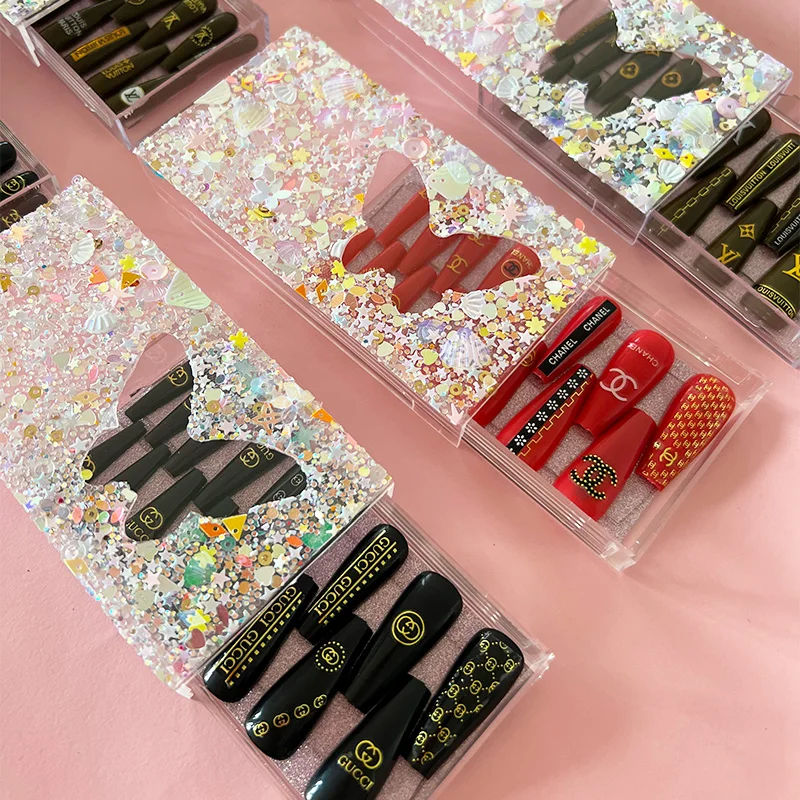 artificial fingernails long French rhinestones false nails private label custom press on nail packaging box