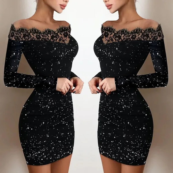 Long sleeve lace Crop Top silver powder dresses Off Shoulder Contrast Lace Glitter Bodycon Dress
