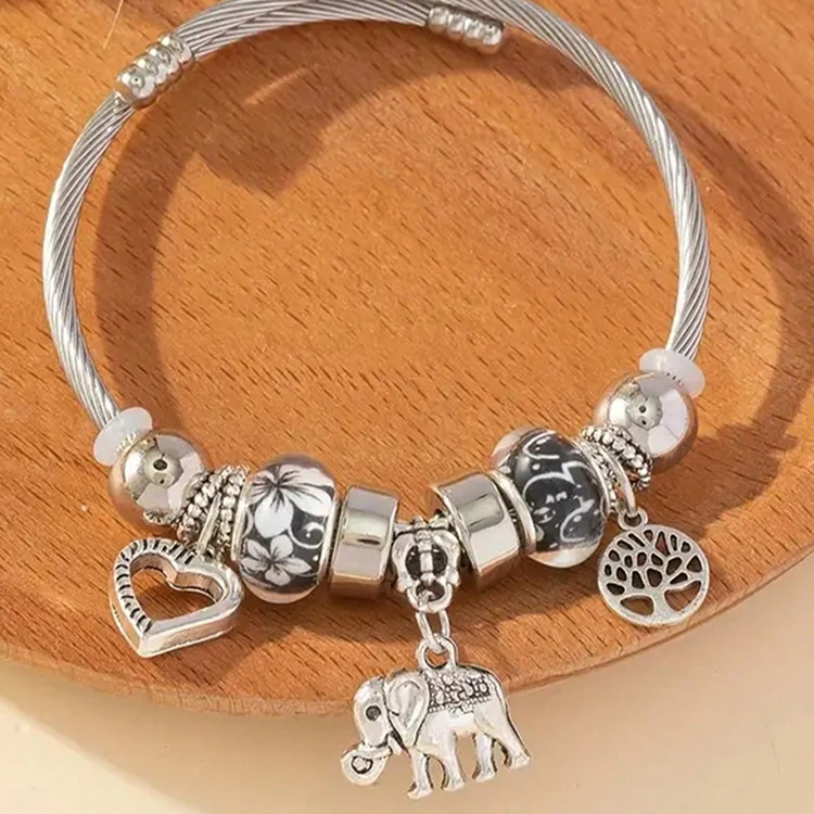 FT-66 Wholesale Fashion Hand Jewelry Women Open Metallic Simple Metal Alloy Heart Elephant Life Tree Cuff Bangle Bracelet