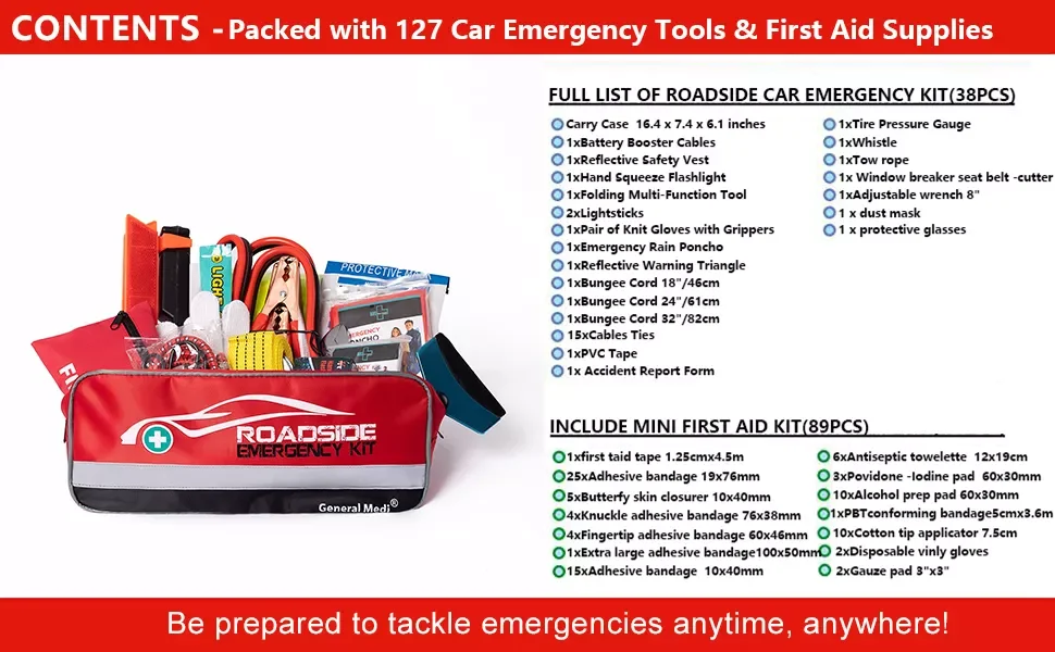 General Medi  Roadside Assistance Emergency Survival Vehicle Auto Truck First Aid Car Emergency Kit