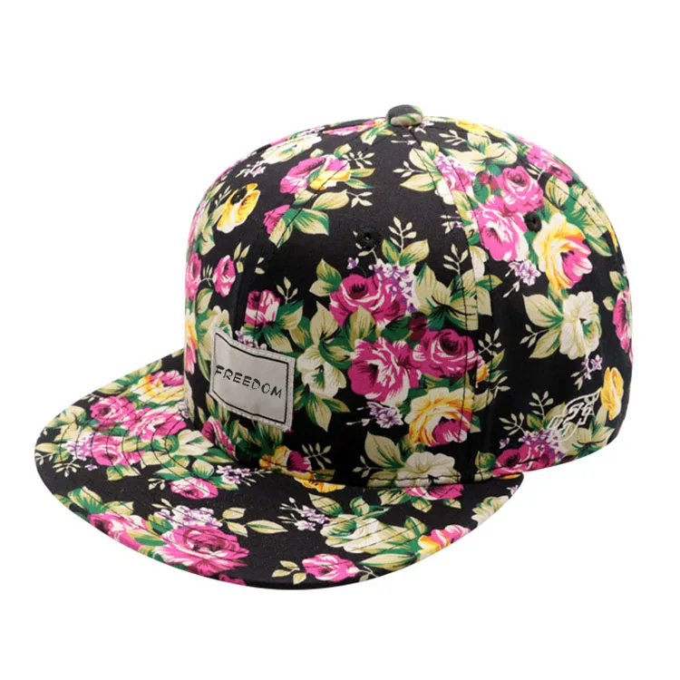 Mens Sublimation Printing Floral Baseball Hat Flat Brim satin lined Printing Floral Snap Back Cap Snapback With Woven Label