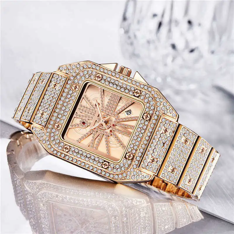 
France Luxury Brand Watches Charm Square Dial Wrist Watch Jewelry Wholesale Stainless Steel Full Diamond Quartz Watches 