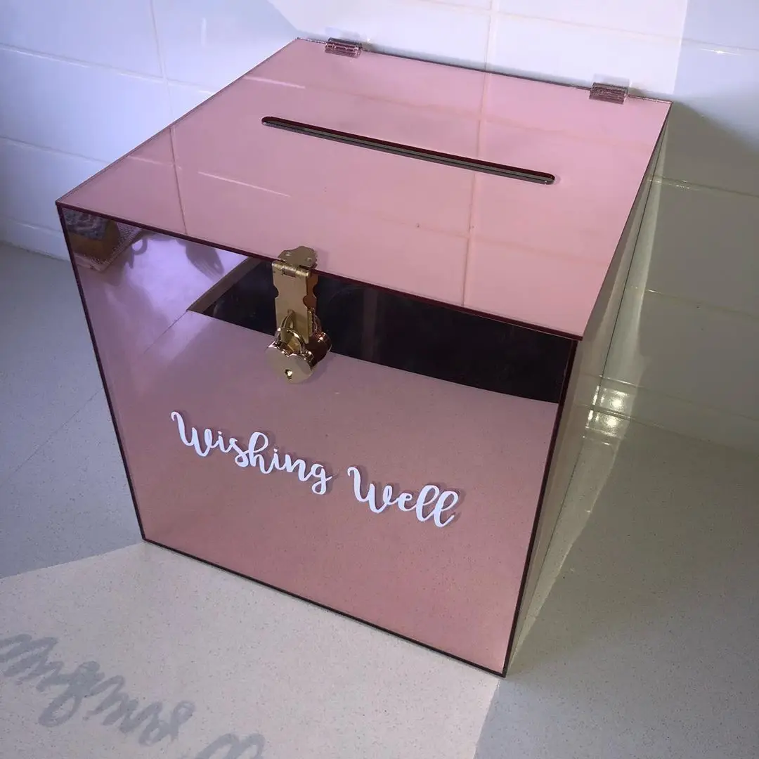 A&C Mirror Rose Gold Acrylic Wishing Well Box With Name Wedding Invitation Card Box