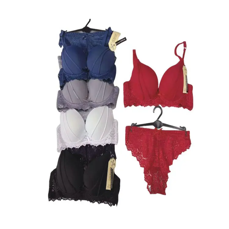 1.98 Dollar Model CNT002 Size 36-42 Stock Ready Lace Push Up Bra Panty Set With Individual Hanger Package