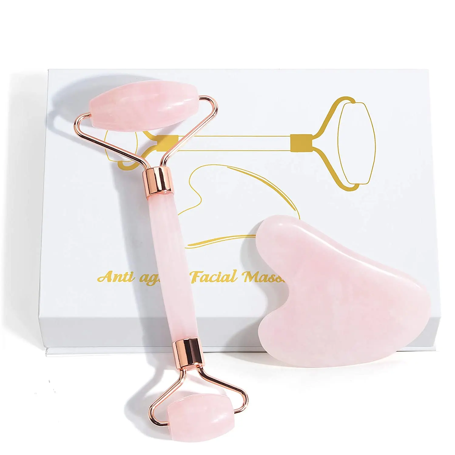 Chinese Supplier Crystal Rose Quartz Customizable Face and Foot Massage Jade Textured Roller Guasha Slimming Set in Gift Box