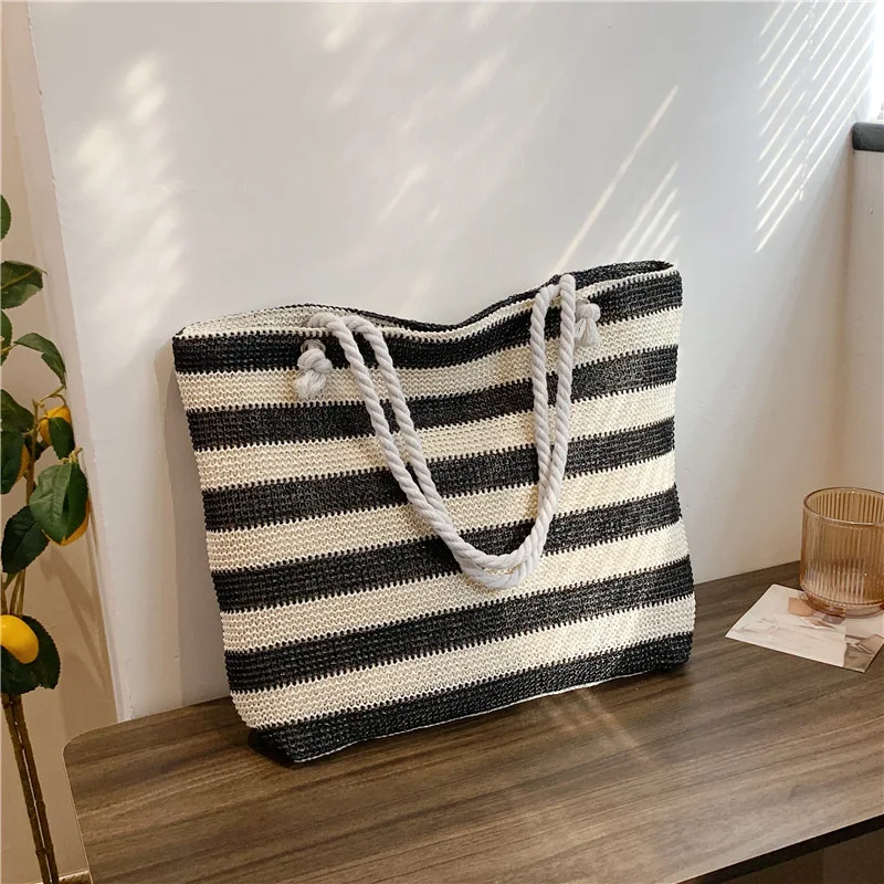 custom hot selling high quality and cheap khaki stripe shopping travel  PP grass paper woven cotton rope portable tote beach bag