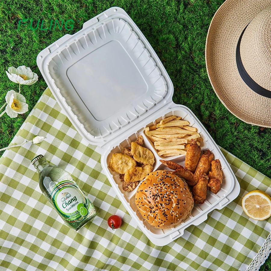 FULING Restaurant 9x9 inch 3 compartment MFPP Hinged Container r Disposable Eco Friendly Clamshell Takeout Food Container