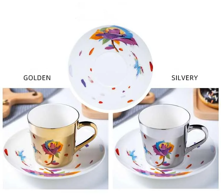 Tazas creative electroplating mirror reflection Light luxury mug set gift box ceramic coffee cups with gold handle