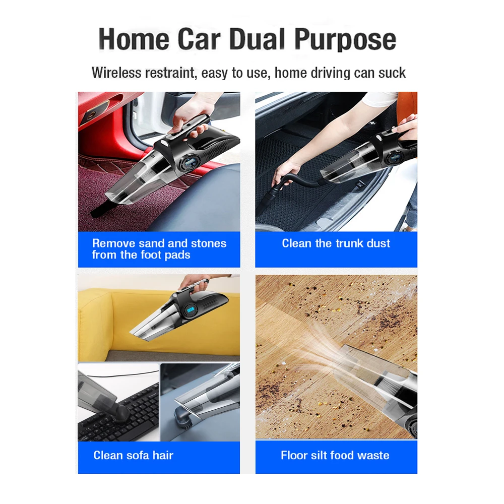 12V Cordless Digital Tire Inflators Pump Portable 4-in-1 Vacuum Cleaner with Compressor for Car Home Cleaning