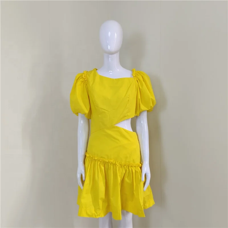 2021 New Fashion High Quality Yellow White Puff Sleeve Cutout Ladies Dresses Summer Casual Dresses Women
