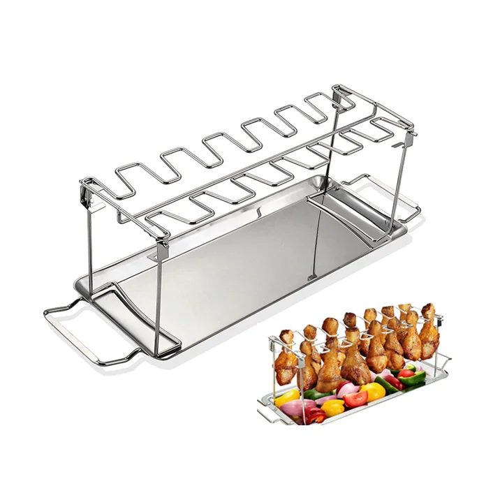 14 Slots Stainless Steel Vertical Roaster Stand with Drip Pan Foldable Chicken Wing Leg Grill Rack for Grill Smoker or Oven