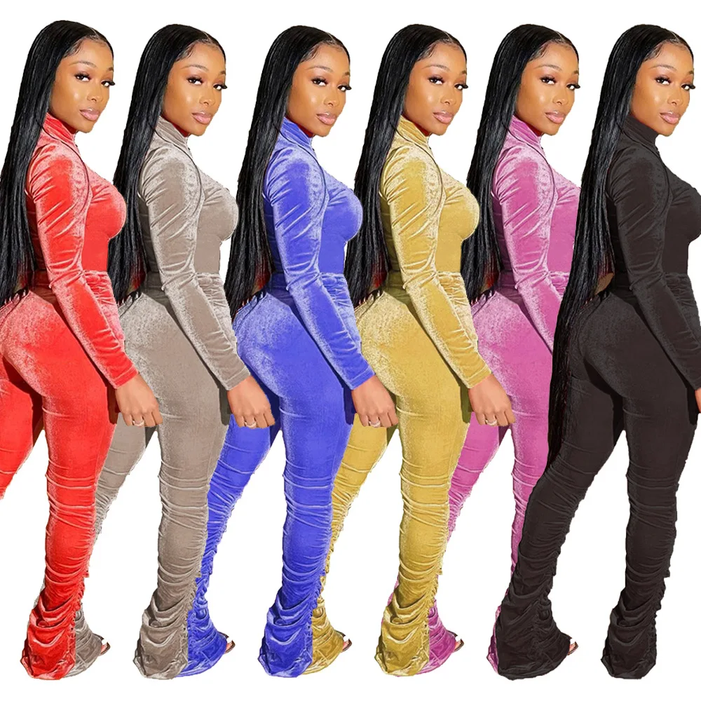 
Wholesale new trendy 2020 winter clothes for women velvet turtleneck pleat flare pants plus size two piece set 