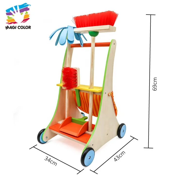 OEM / ODM kids wooden cleaning trolley toy for pretend play W10D200