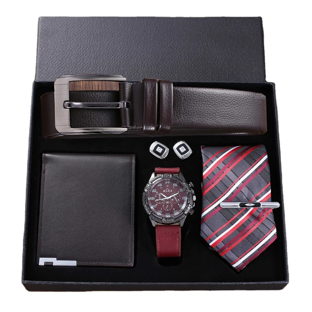 Fashion Retro Quartz Watch Set 5 PCS with Gift Box Luxury Watch Leather Belt Tie Wallet Brooch Fine Jewelry Gift Sets For Men