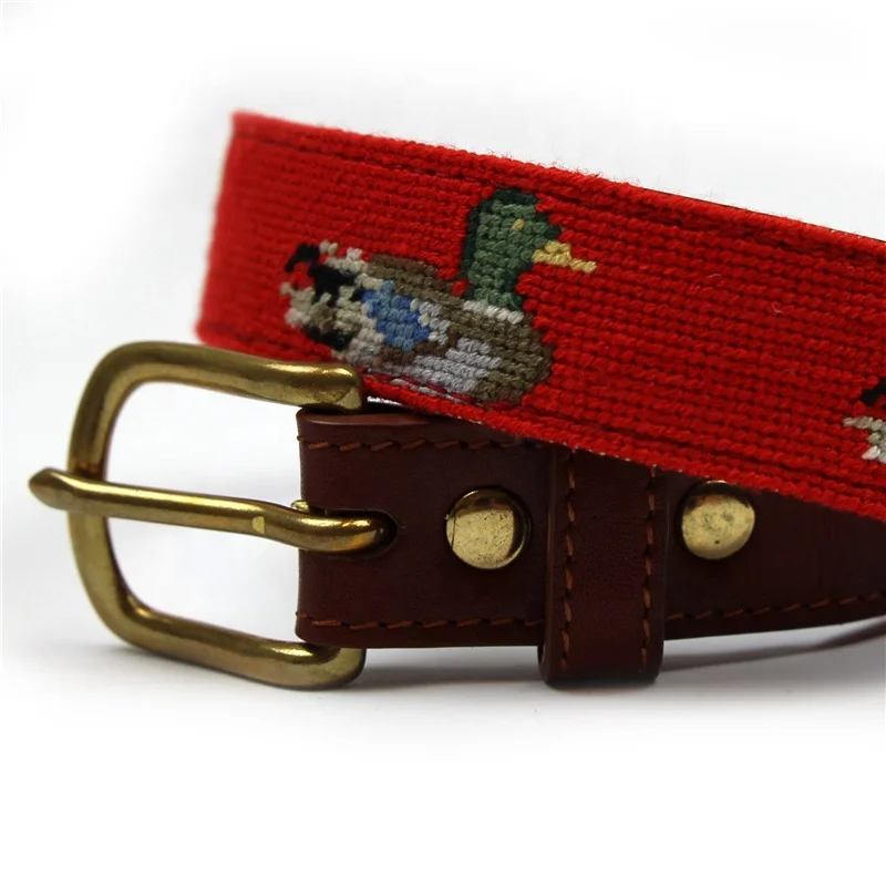 Custom Mallard Duck Hand Stitched Needlepoint Children Leather Belts