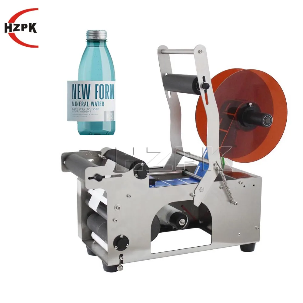 HZPK MT 50S table top semi automatic round PET bottle can sealer expire date adhesive label labeling machine