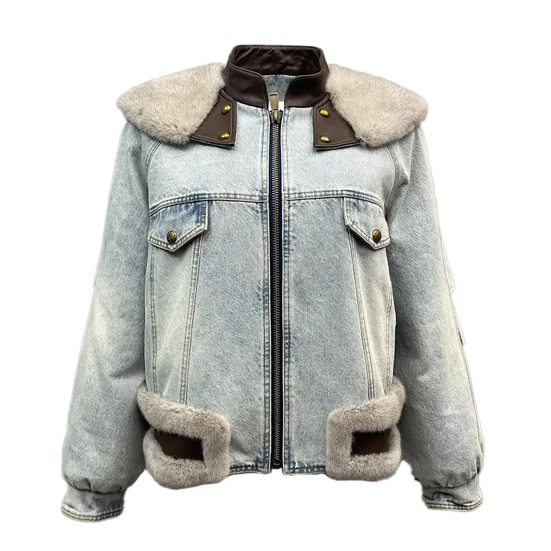 Jancoco New Style Cropped Duck Down Coat Women Really Mink Fur Collar Jacket