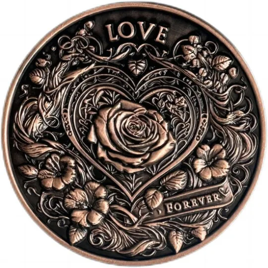 Double-Sided Rose Commemorative Coin, Zinc Alloy With Antique Red Copper Brushed Relief Finish