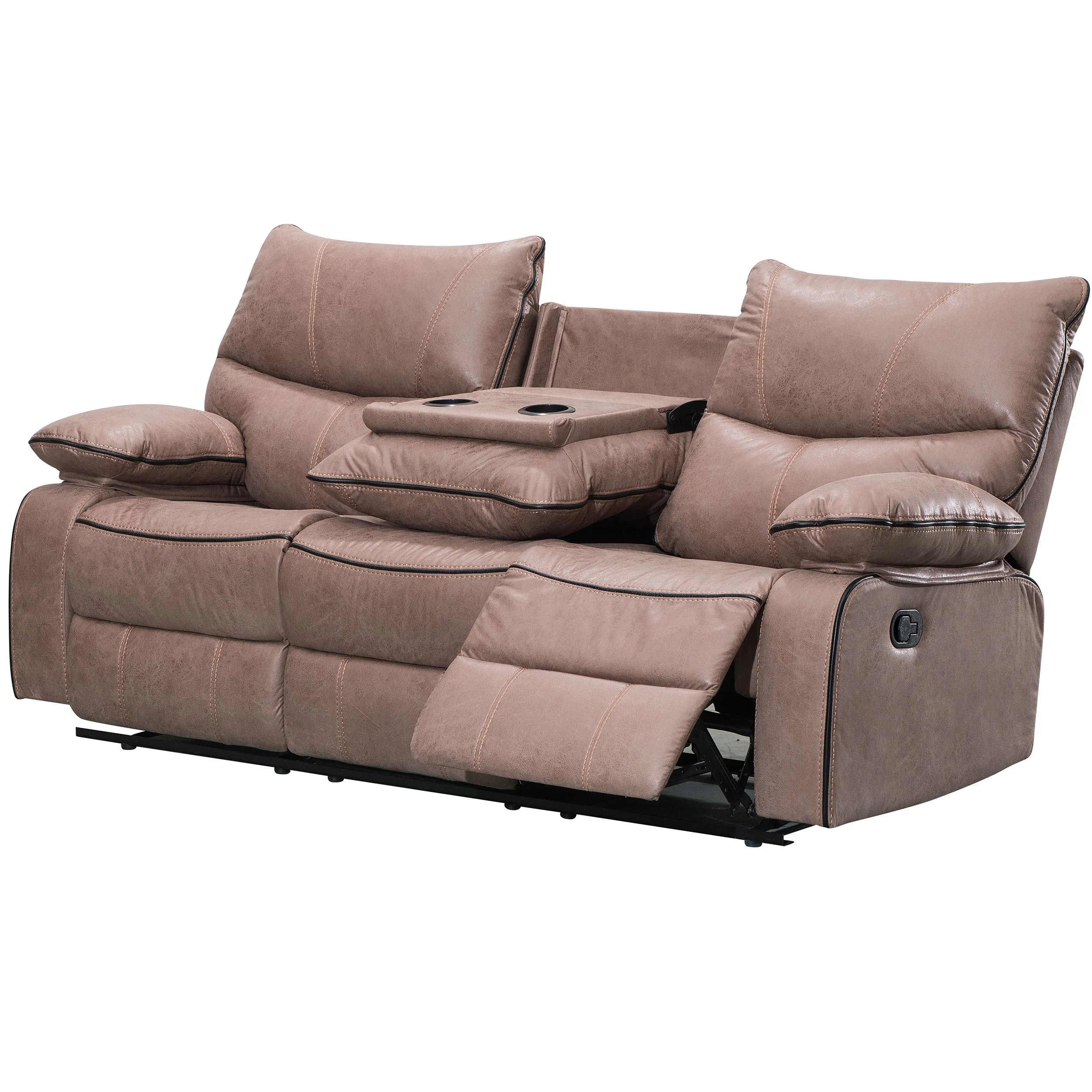 CY Palomino Fabric Recliner Chair Loveseat with Cup Holder 3 Seater Recliner Sofa with Drop Down Table