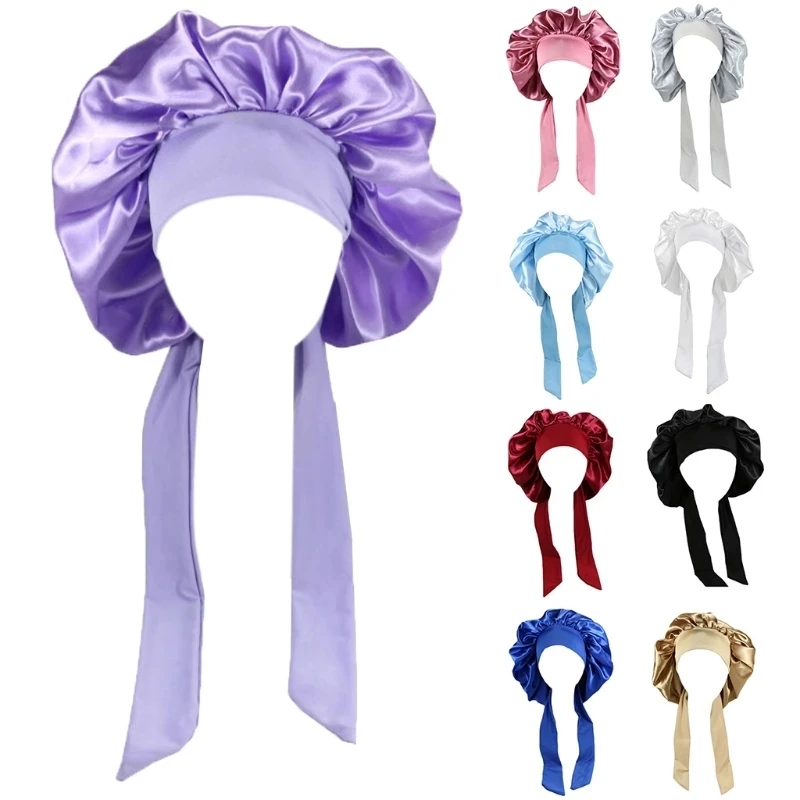 Girls Women Polyester High Elastic Night Sleeping Shower Cap Hair Head Cover Satin Turban Bonnet Hat