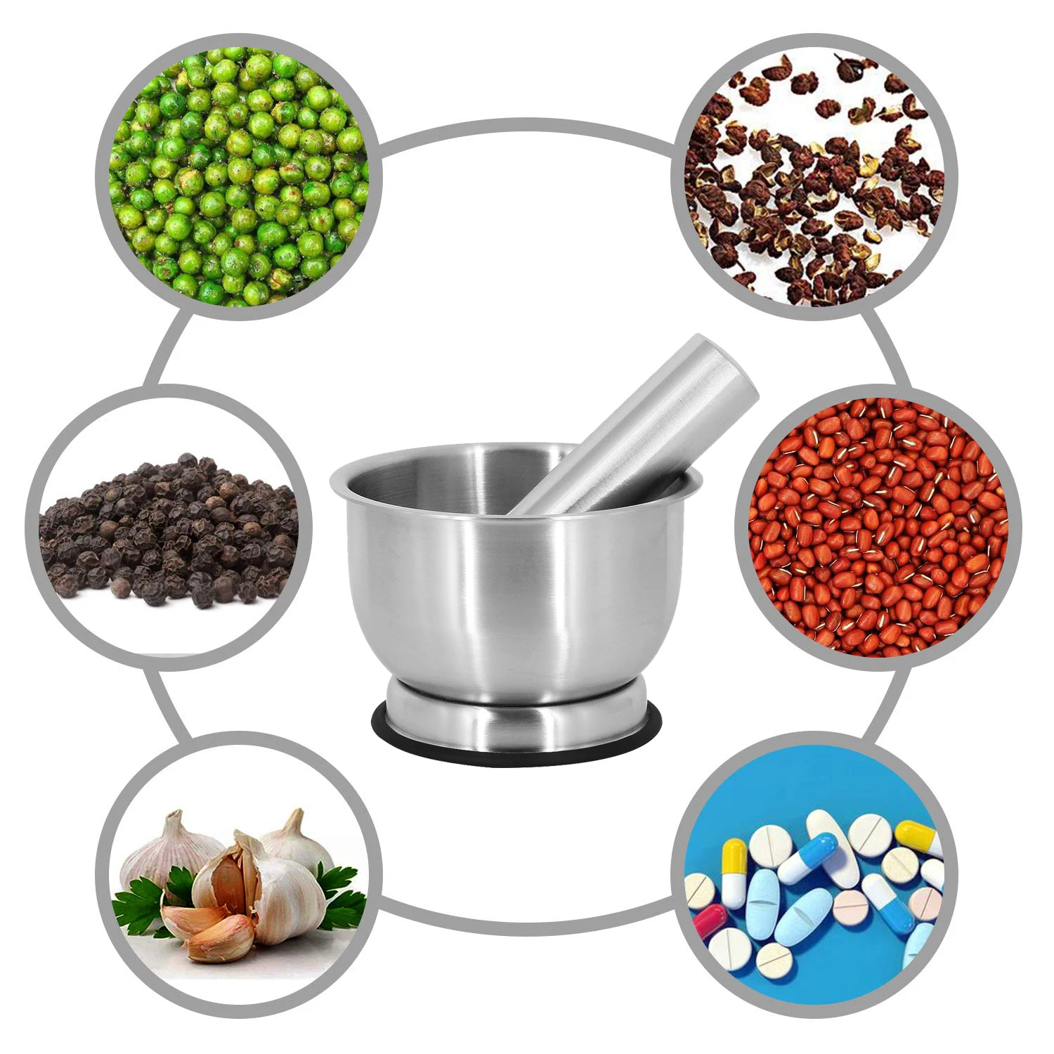 Kitchen Accessories Hand Masher Bowl Pill Salt and Pepper Grinder Set 304 Stainless Steel Manual Mortar and Pestle Set