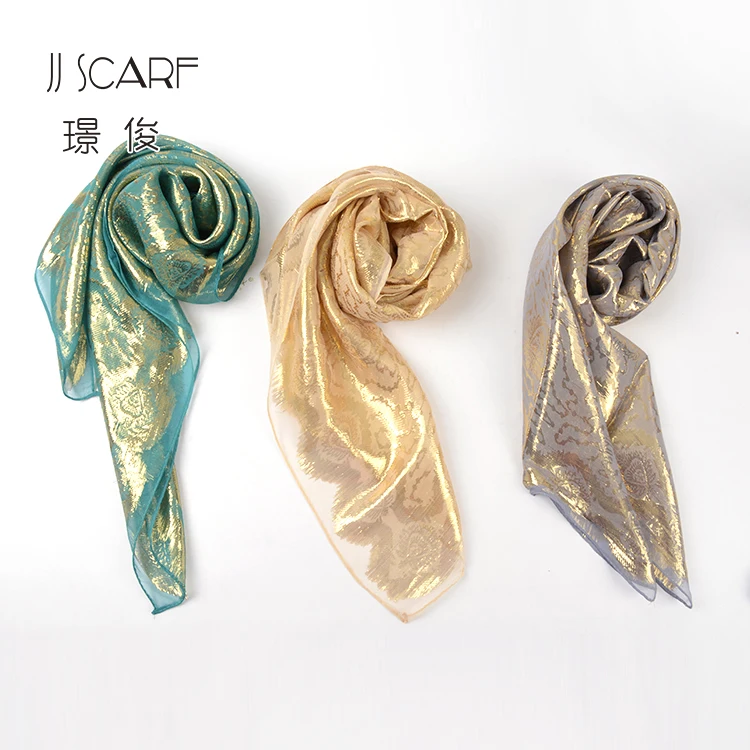 New style soft square silk spun gold floral pakistani women hijab scarf