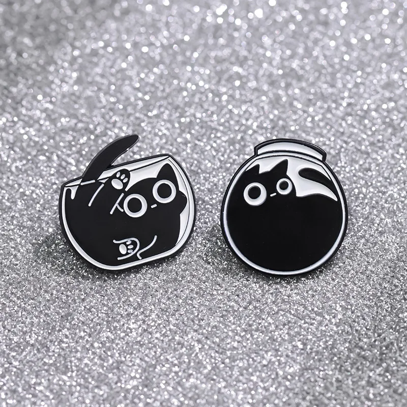 Cute Cat Enamel Pins Custom Black Kitten Terrarium Brooches Lapel Badges Cartoon Animal Jewelry Gift for Kids Friends
