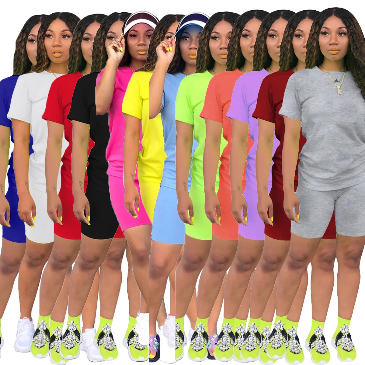 Hot Women Clothing Sets 2 Piece Cotton Short Sleeves ladies Casual Neon two Piece Shorts Set