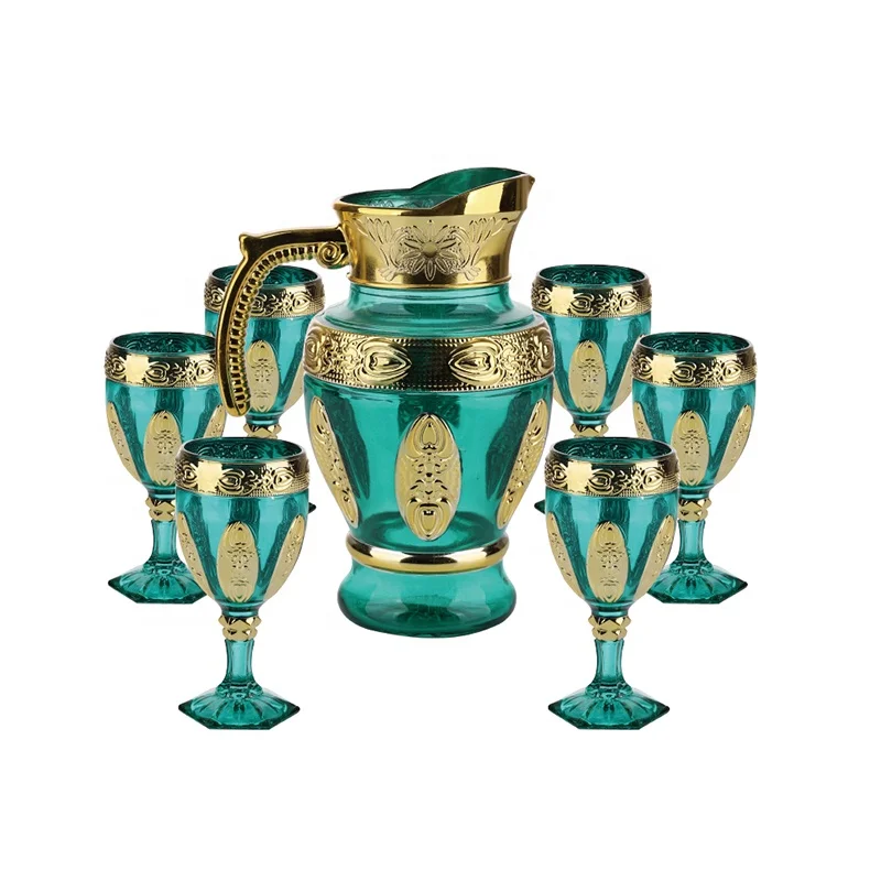 hot selling gift item 7pcs golden glass Jug set with colored pitcher set of 6pcs