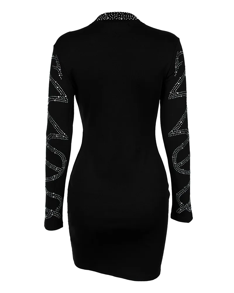 Long Sleeve High Neck Rhinestone Party Dress Bodycon Dresses
