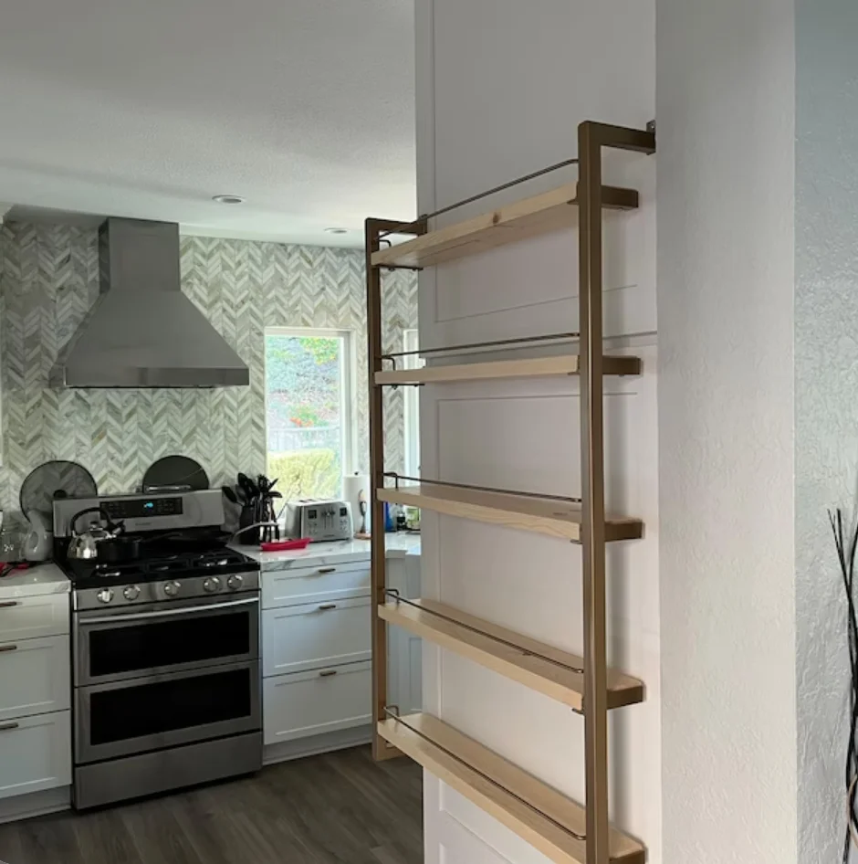 Wall Mounted Hanging Spice Rack Organizer- Heavy-duty Metal Cans Shelves With Wood Tray Organization and Storage