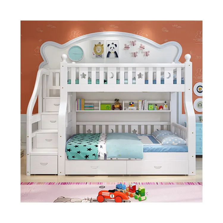 Amazon Colorful Latest Smart Modern Design Solid Wood Bed Furniture Children Double Bunk Beds with Storage Drawer or Ladder