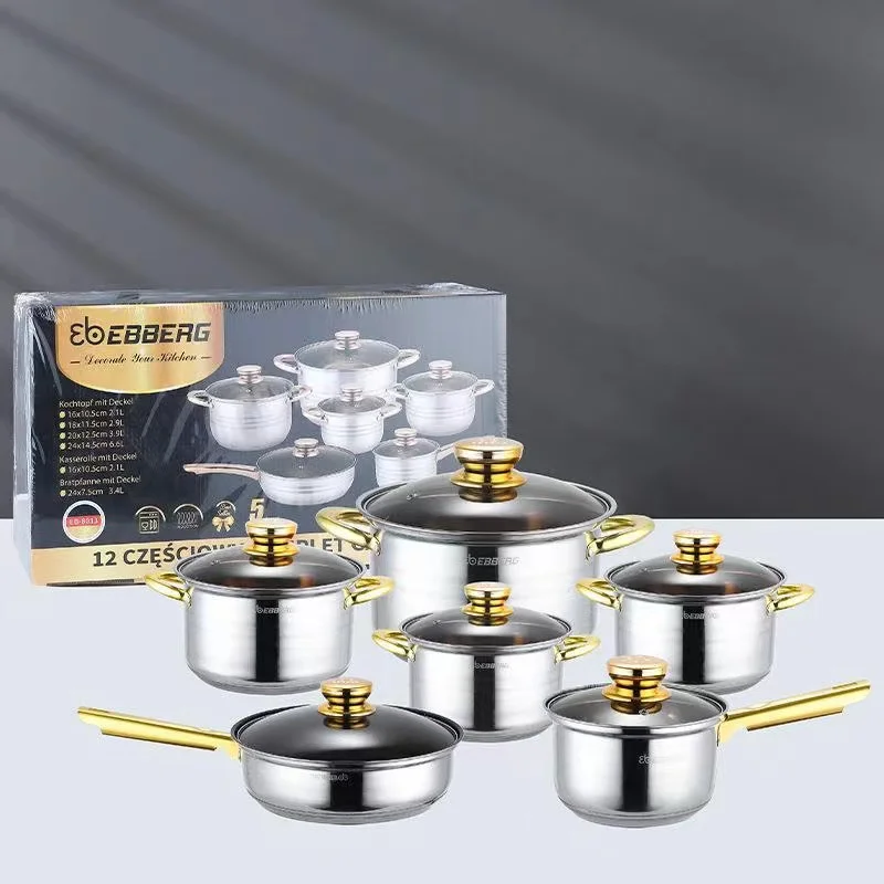Factory Direct 12pcs S304 Stainless Steel luxury kitchen accessories set cookware American Style Cooking Pot