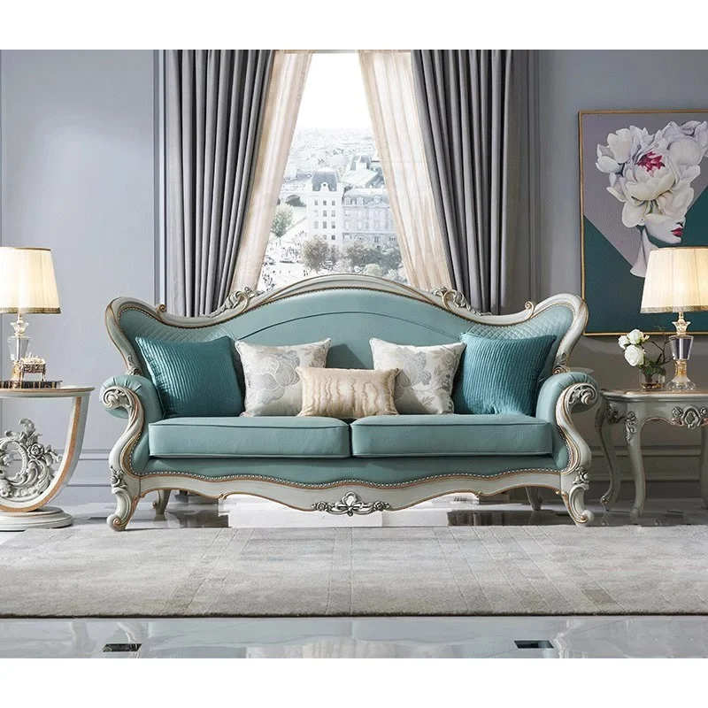 French European Solid Wood Court Sofa Living Room Furniture Set Luxury Modern Antique Style with Storage Features for Home Use