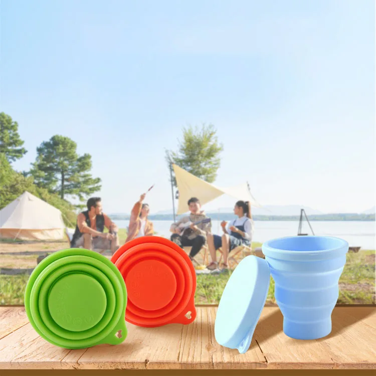 Portable OEM Custom Logo Reusable Collapsible Travel Coffee Mug Silicone Foldable Coffee Mug Cup With Lid
