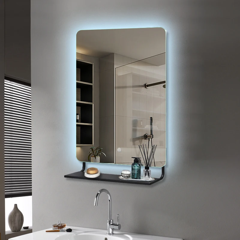 Modern Custom Square Sensor Light Up Vanity Switch Smart Hotel With Shelf Anti Fog Led Bathroom Mirrors