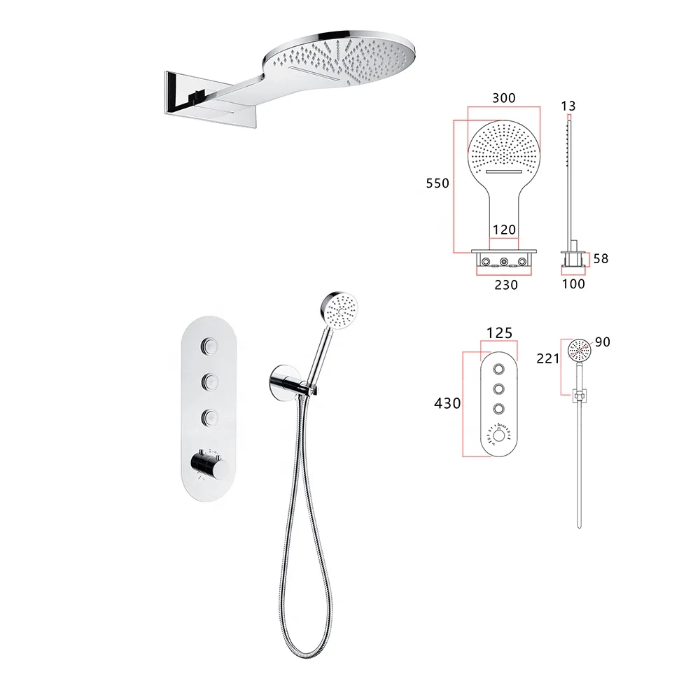 Premium Silver In-Wall Shower System: Three-Function Thermostatic Button Switch, Copper Construction, Round Design, Waterfall