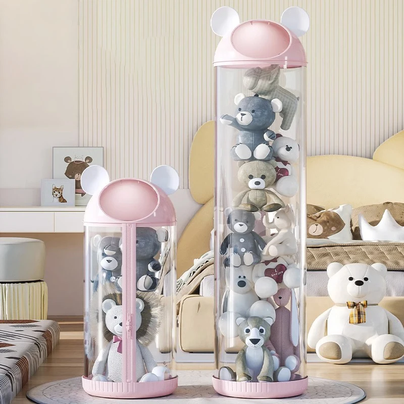 Modern Cute Cartoon Transparent Stuffed Toys Organizer Plastic PET Round Cylinder Dolls Cylindrical Storage Bin Bucket
