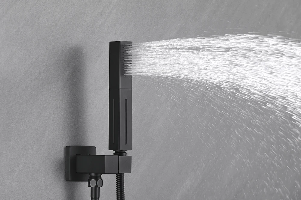 Factory direct sales High quality  bathroom black  Ceiling Mounted Square Shower Head three Functions Rainfall  brass ShowerSet