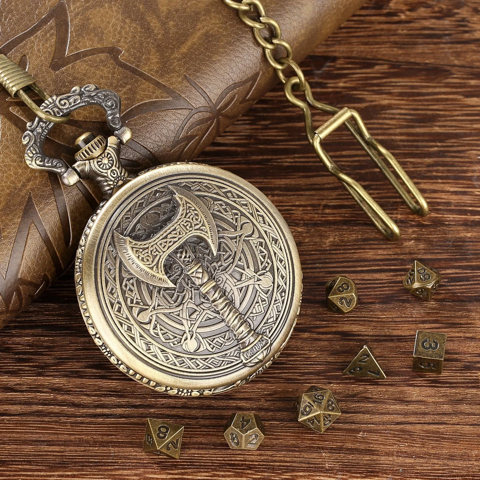 Barbarian Hatchet Mysterious Theme Pocket Watch Case 41 Available Styles Portable Dice Box with Metal Dice Set