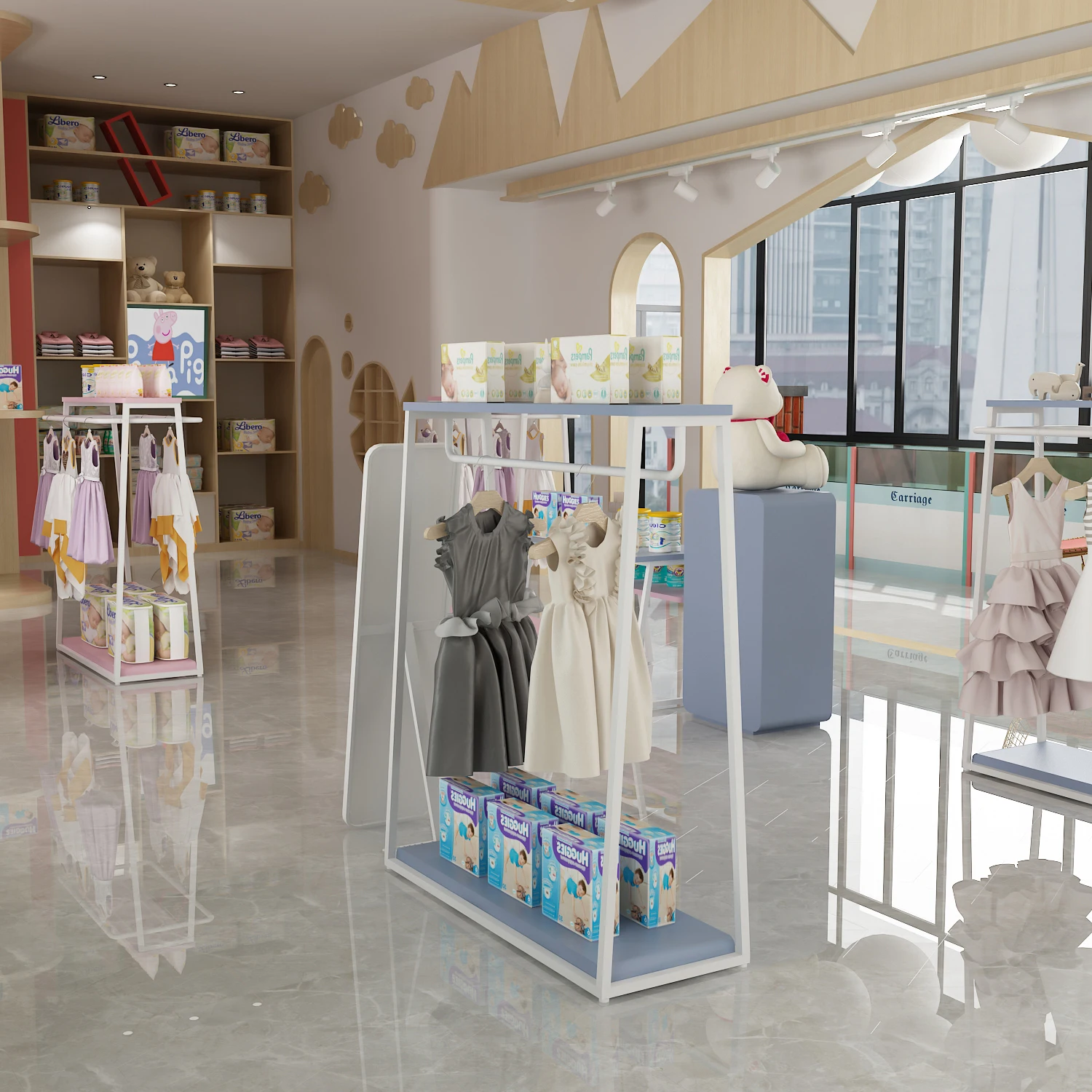 YIHE Latest design multi-purpose kids clothing merchandise stand store retail clothes shoes rack display