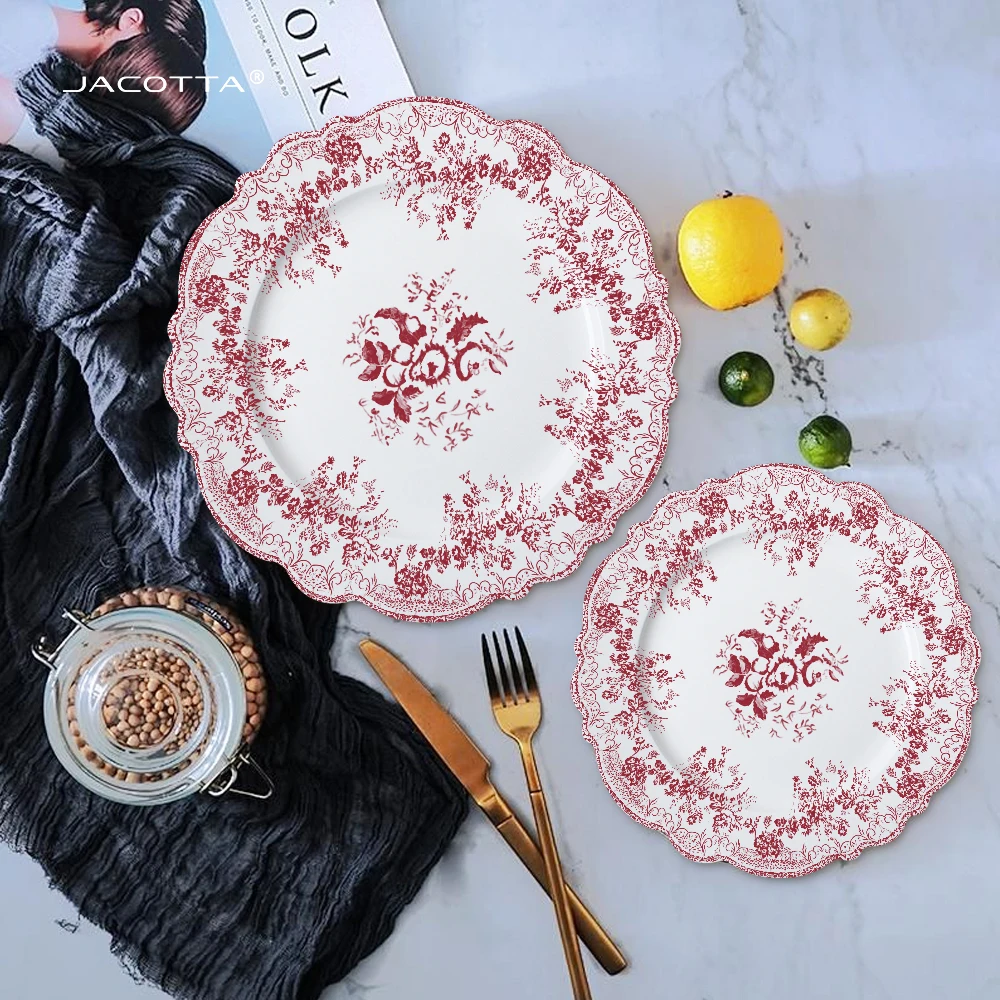 Pink Rose Plates Sets Dinnerware Ceramic Diner Set Plate Bowl Coffee Cup Saucer wholesale Dishes