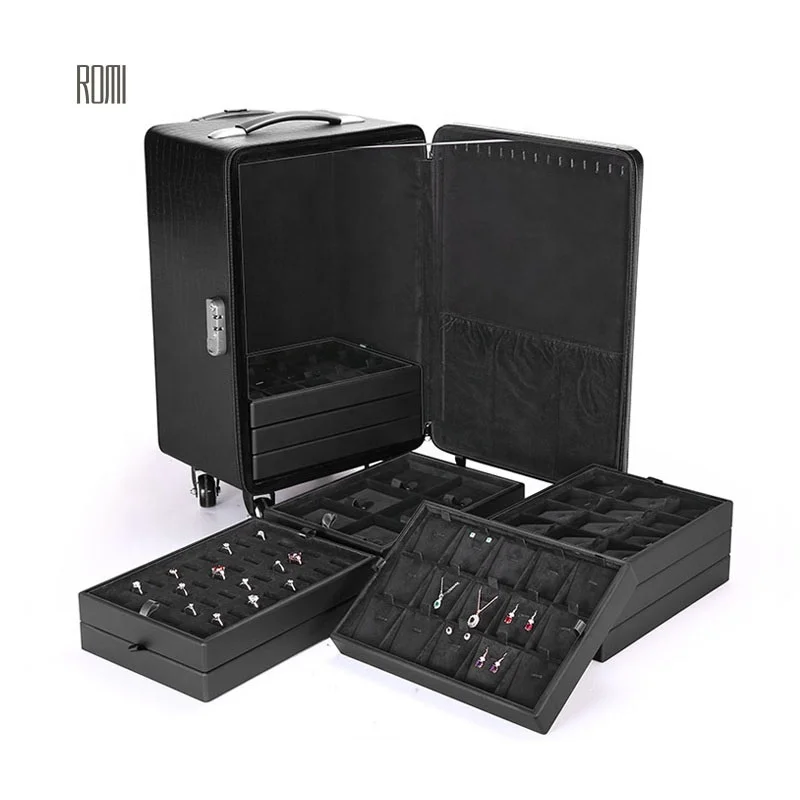 large black travel handle leather jewelry box watch jewellery organizer case