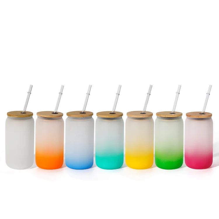 New Arrival 16oz Frosted Glass Gradient Color Bottom Soda Can Coke Can Mug With Bamboo Lid